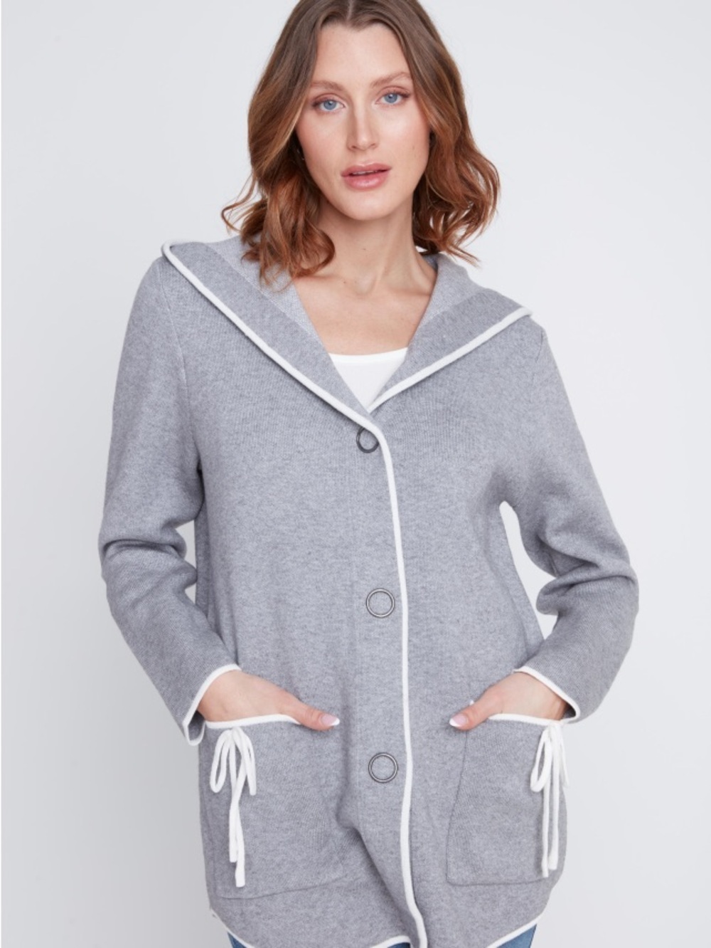 Jac Dale hooded grey cardigan with tie up details